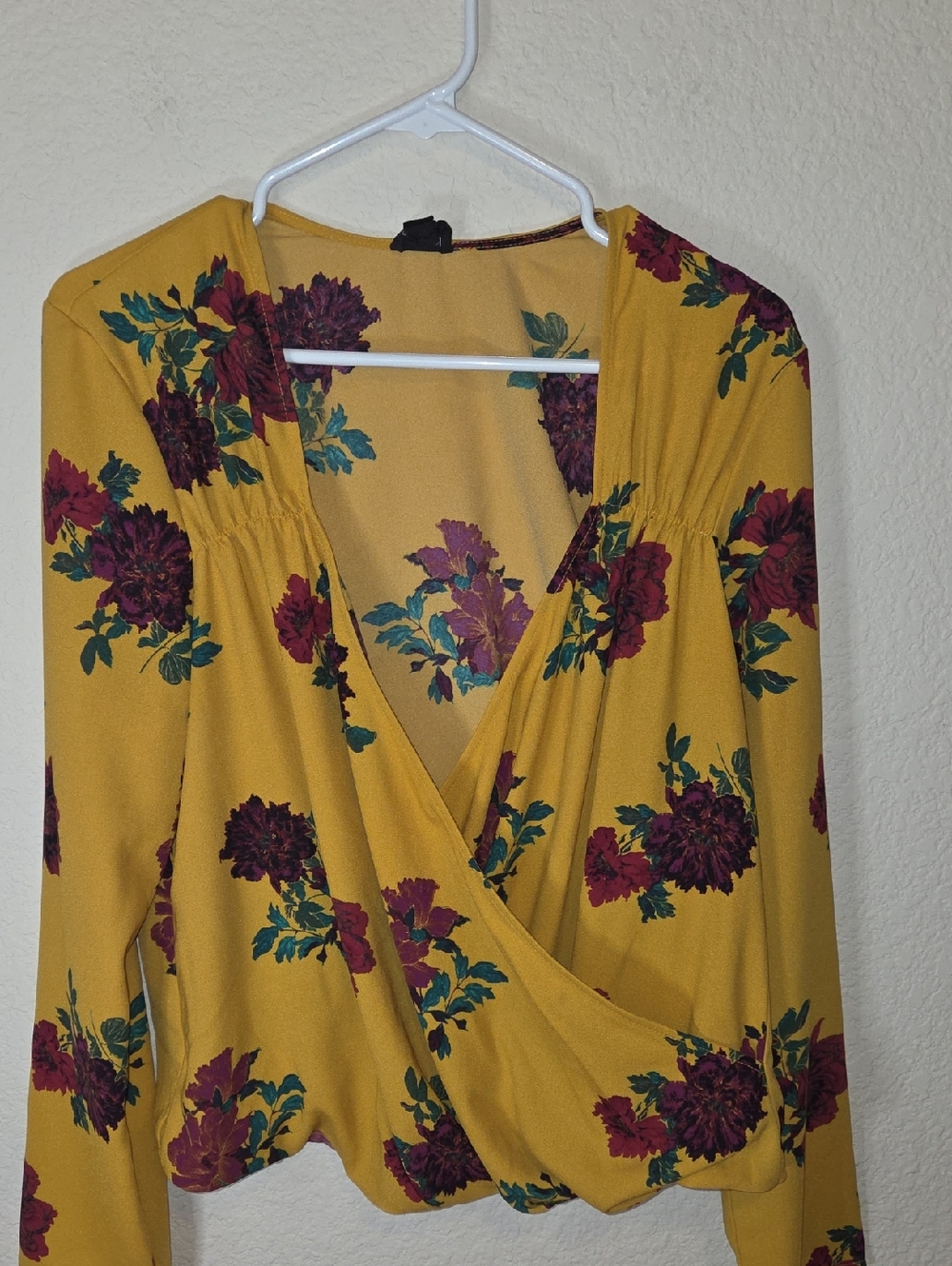 Floral Mustard Wrap Blouse with V-Neck